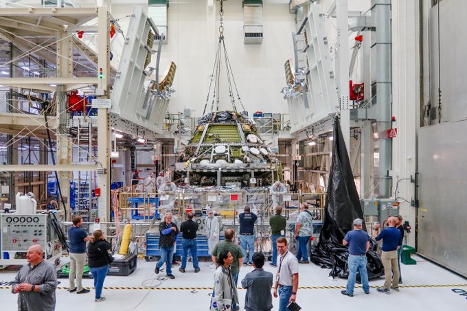 Integration of the crew and service modules for the Artemis II Orion spacecraft was recently completed at NASA’s Kennedy Space Center in Florida.