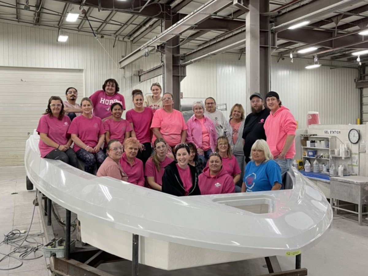 CruisersYachts's tweet photo. In support of the American Cancer Society, we donned pink to increase breast cancer awareness and encourage early screenings. The soul of our yachts lies within a team of builders with a heart. Pink with a Purpose! #pinkwithapurpose https://t.co/vabtYUeIhp