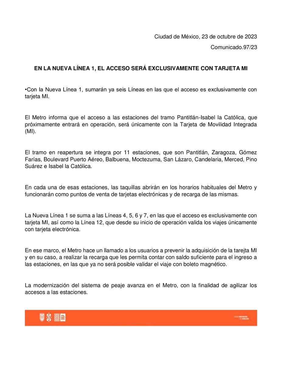 MetroCDMX's tweet photo. En @LaNuevaL1 el acceso será exclusivamente con tu #TarjetaMI https://t.co/gPcxgz6dU6