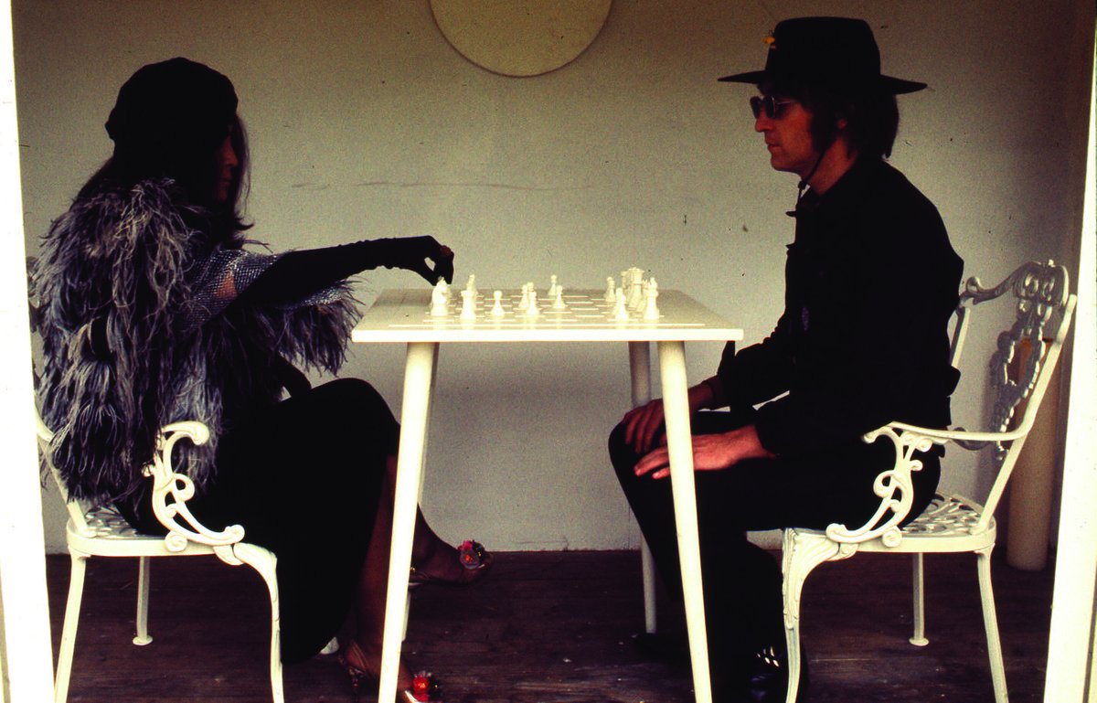yokoono's tweet image. Yoko Ono and John Lennon playing Yoko’s artwork White Chess Set, 1966
From the film Imagine, 1971, Tittenhurst Park, Ascot, England, 1971.