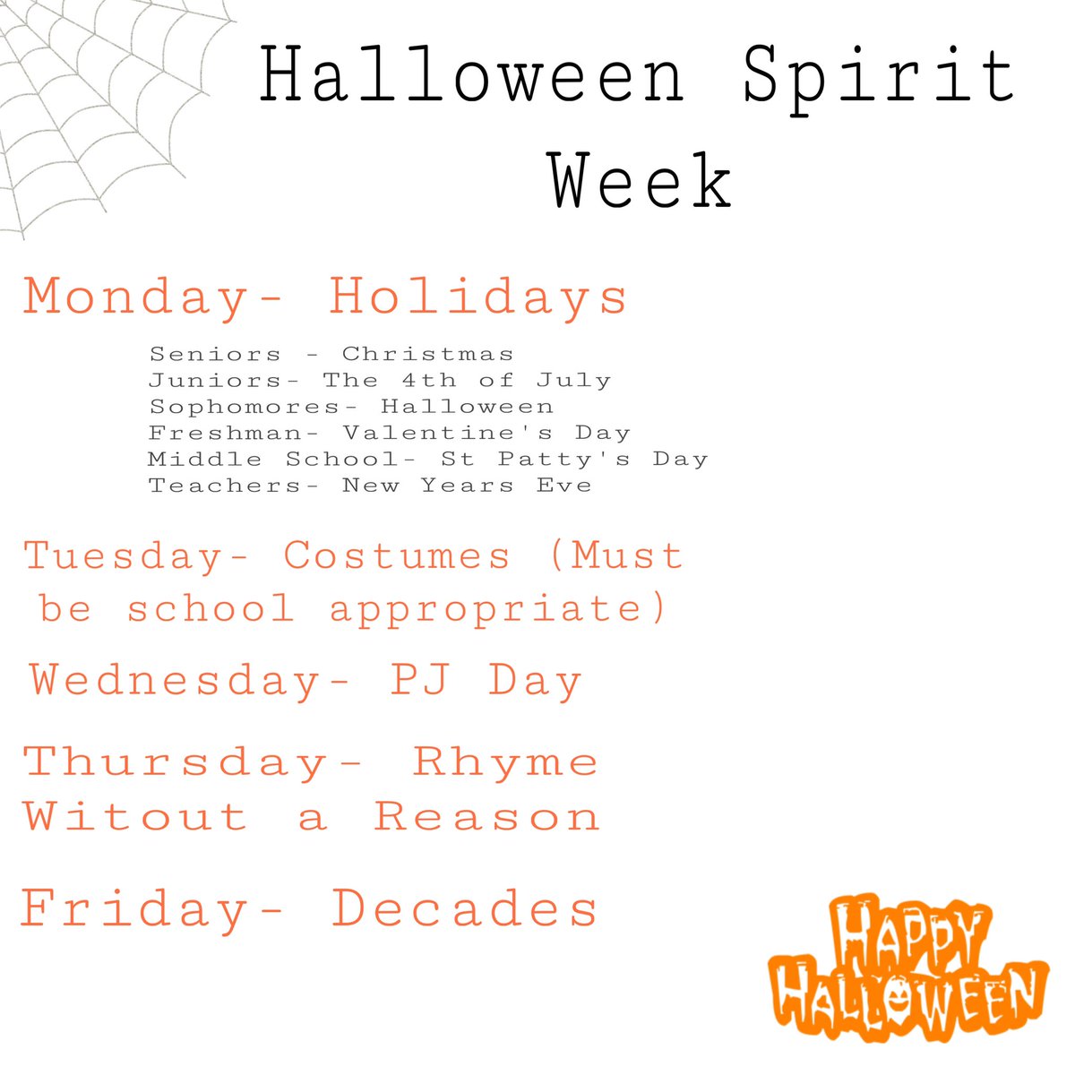 Hey Muskrats, it’s almost Halloween! Next week is our spirit week. Make sure to dress up and show your school spirit!