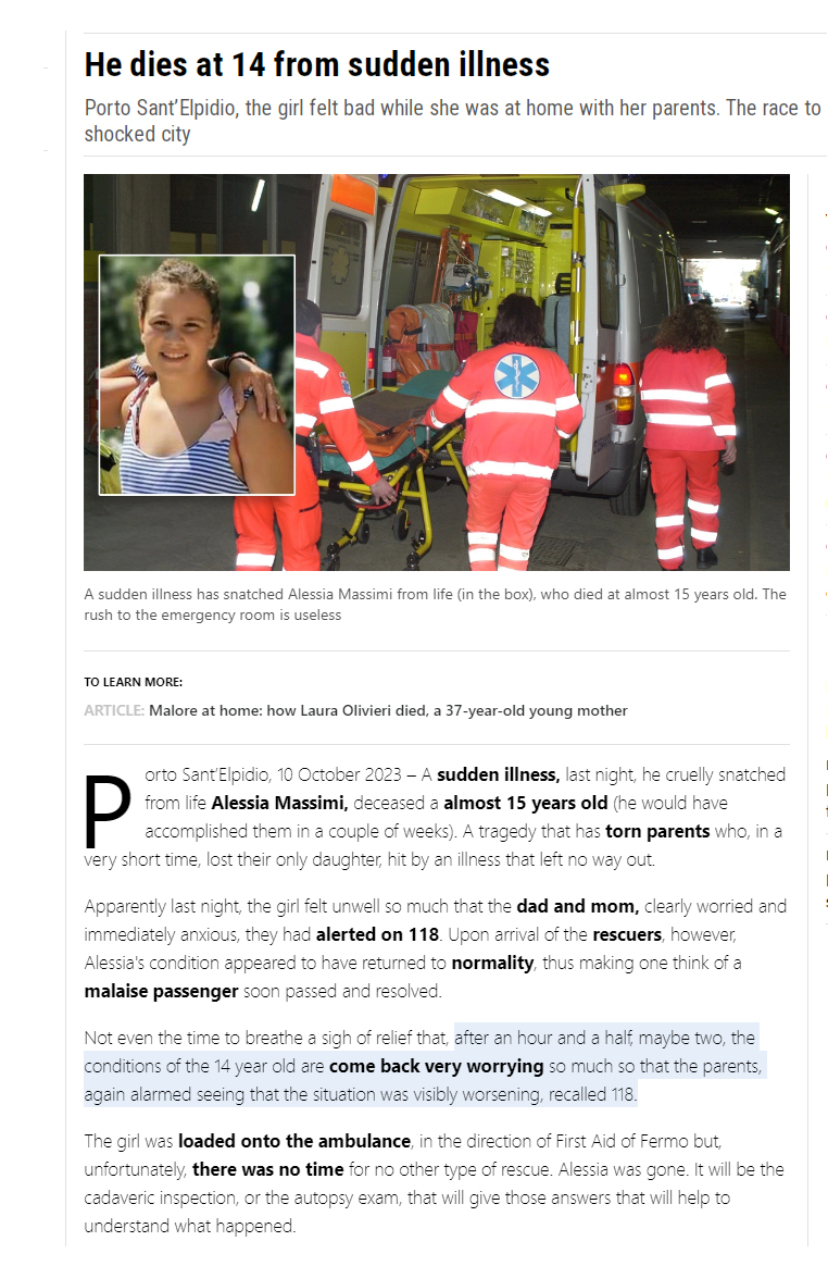 Italy - 14 year old Alessia Massimi felt unwell, collapsed at home and died suddenly on Oct.10, 2023.

COVID-19 mRNA Vaccines are taking thousands of young lives - parents have a right to know vaccine status of every sudden death

<a href="/twc_health/">The Wellness Company</a> 
#DiedSuddenly #cdnpoli #ableg