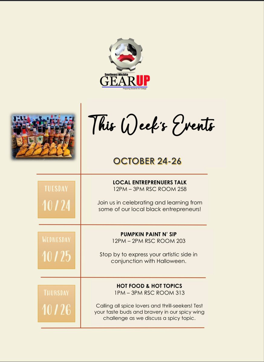 WichitaGEARUP's tweet photo. Come join us this week for the Southeast Wichita GEAR UP events on the campus of WSU at the Rhatigan Student Center. See attached for more details. https://t.co/ZlhPXDXLtt
