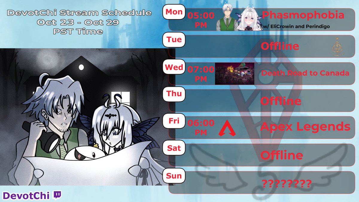 DevotChi's tweet image. Oct 23 - Oct 29 Stream Schedule!

A collab with @/EliCrowin and @/Perindigo in Phasmophobia!

A little horror this week ^^

Live: Twitch.tv/Devotchi

Tag: #DevotContent #Vtubers #ENVtubers