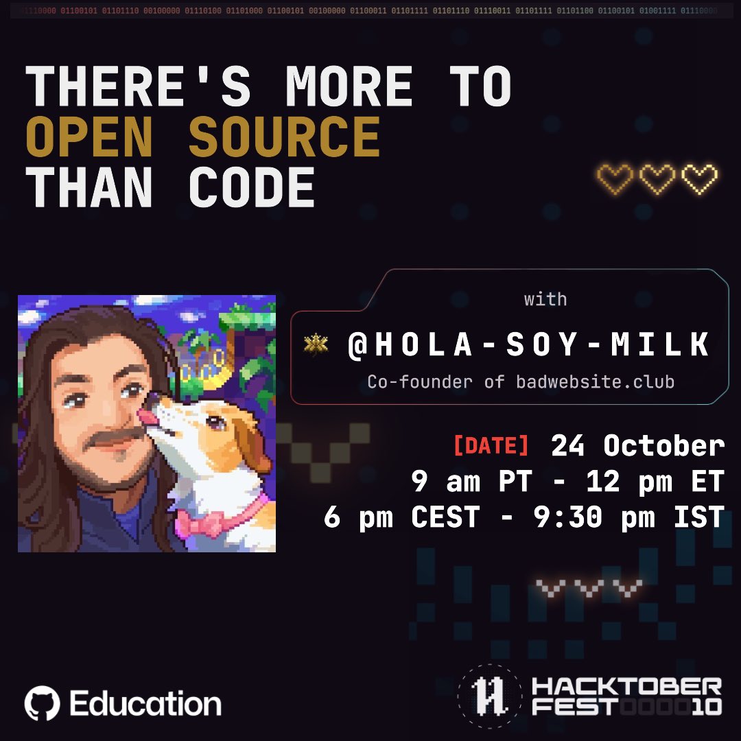 GitHubEducation's tweet photo. Join us Oct 24 with Ramon Huidobro (@hola_soy_milk) to explore how open-source welcomes more than just code! Discover your place in this vibrant and inclusive community. 🎉 
➡️Stream: https://t.co/Wn2TdkDzcu 

#OpenSourceForAll #githubeducation #opensource https://t.co/qzjjShGuCH