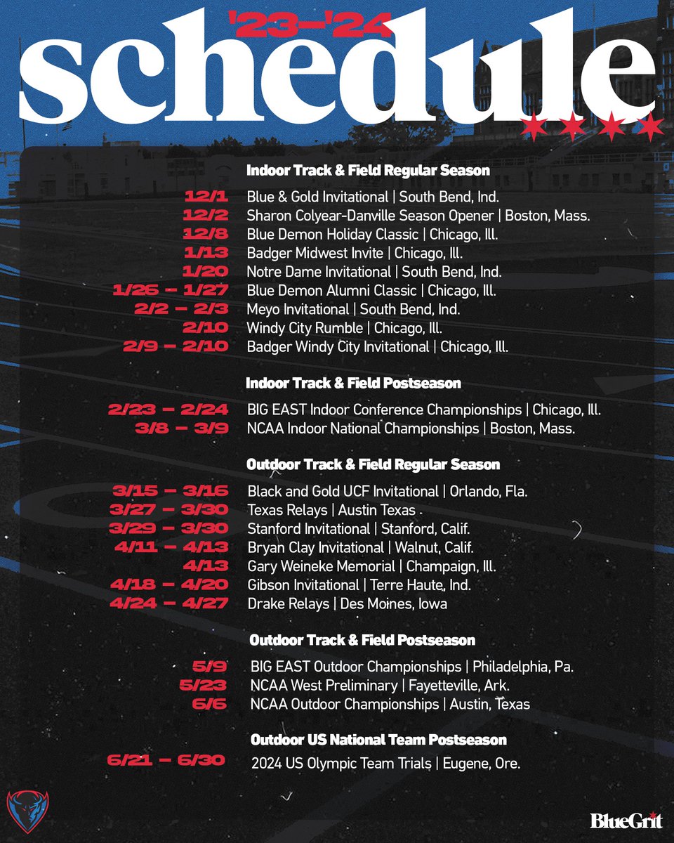 The DePaul Track and Field 23'-24' Indoor and Outdoor Schedule is Here‼️

📰 bit.ly/40aGTXy

#BlueGrit🔵😈