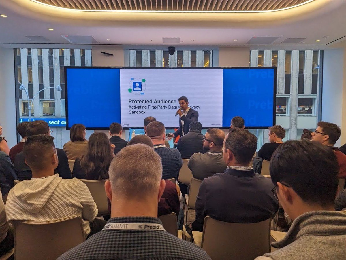 alextcone's tweet photo. Privacy Sandbox’s very own Danny Rojas on stage today at #prebidsummit talking first-party data activation in media buys for developers using Protected Audience. https://t.co/lzyNdkBZjC