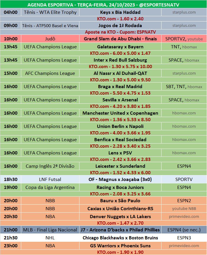 Esportes Na TV 📺 on X: A agenda esportiva deste SÁBADO (11/11/2023) Faça  sua aposta na @KTO_brasil utilizando o cupom ESPNATV no cadastro e garanta  20% de bônus no seu primeiro depósito!