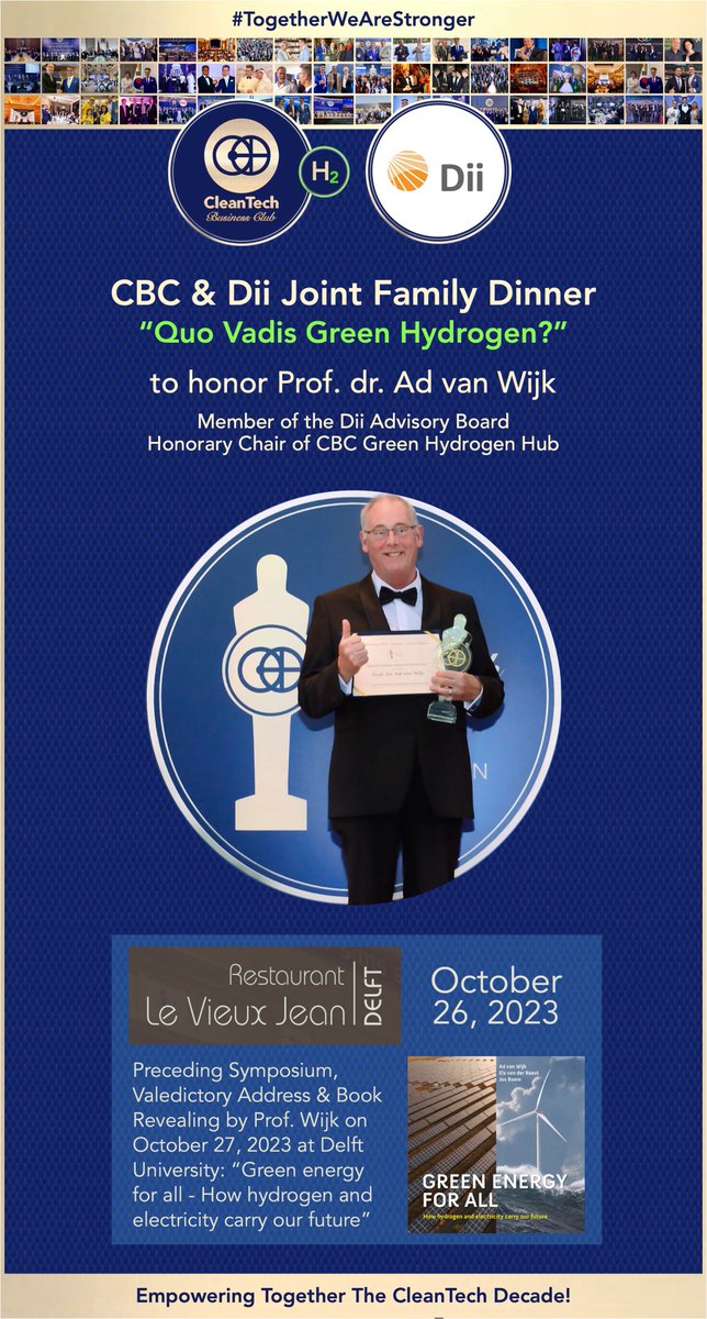 CleanTech Business Club (@cleantechbclub) on Twitter photo Looking forward to having our Joint <a href="/CleanTechBClub/">CleanTech Business Club</a> <a href="/DiiDesertEnergy/">Dii Desert Energy</a> Family Dinner “Quo Vadis #GreenHydrogen?” that recognizes Prof. <a href="/advanwijk/">Ad van Wijk</a> accomplishments within the global #cleantech, #hydrogen, and #netzero communities and express our gratitude for the inspiration! Looking forward to having our Joint <a href="/CleanTechBClub/">CleanTech Business Club</a> <a href="/DiiDesertEnergy/">Dii Desert Energy</a> Family Dinner “Quo Vadis #GreenHydrogen?” that recognizes Prof. <a href="/advanwijk/">Ad van Wijk</a> accomplishments within the global #cleantech, #hydrogen, and #netzero communities and express our gratitude for the inspiration!