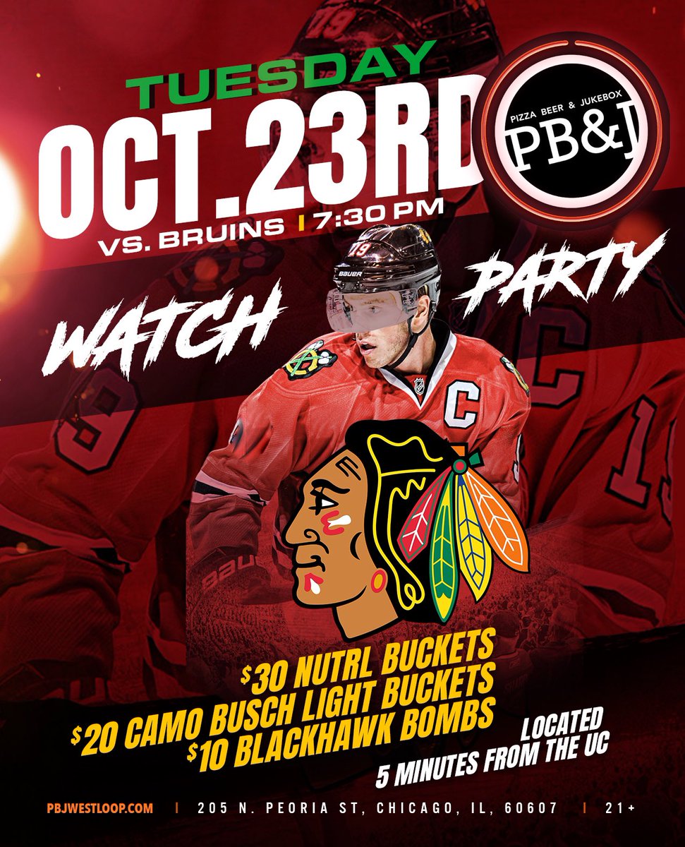 Watch the <a href="/NHLBlackhawks/">Chicago Blackhawks</a> take on the <a href="/NHLBruins/">Boston Bruins</a> <a href="/pbjwestloop/">@pbjwestloop</a> on Tues, Oct 23! Enjoy $30 Nutrl Buckets, $20 Camo <a href="/BuschBeer/">Busch Beer</a> Light Buckets, and $10 Blackhawk Bombs. #westloop #chicago #nhl #blackhawks #beer
