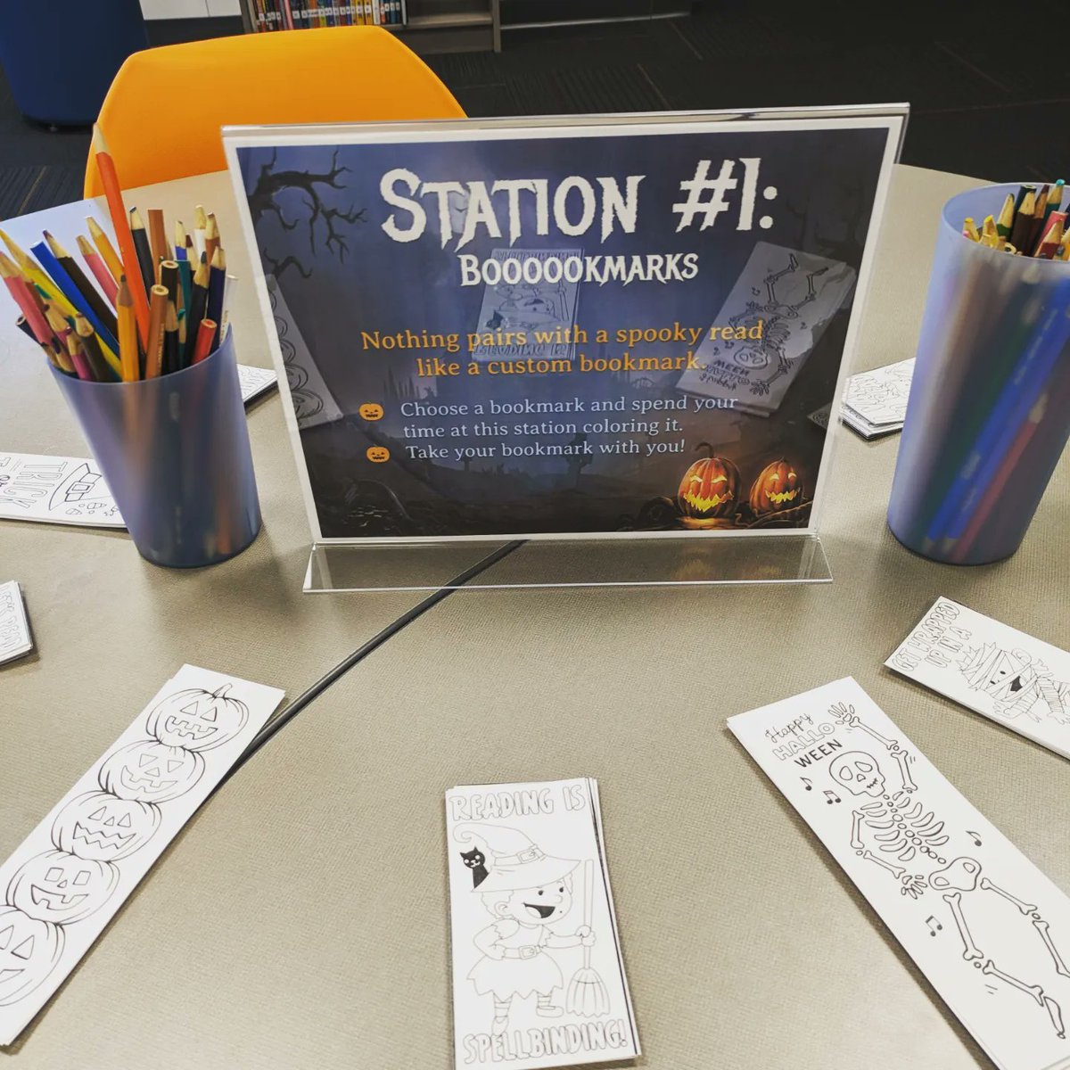 LibraryNpms's tweet photo. We are celebrating spooky season this week with 6th grade stations in the library. Students get to color bookmarks, play ScatterGORIES, complete Mad Libs, and more! #npmsgrizzlies #grizzliesread #wsdlibraries https://t.co/YTtDrJtmEA