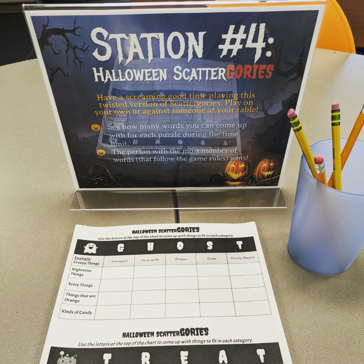 LibraryNpms's tweet photo. We are celebrating spooky season this week with 6th grade stations in the library. Students get to color bookmarks, play ScatterGORIES, complete Mad Libs, and more! #npmsgrizzlies #grizzliesread #wsdlibraries https://t.co/YTtDrJtmEA