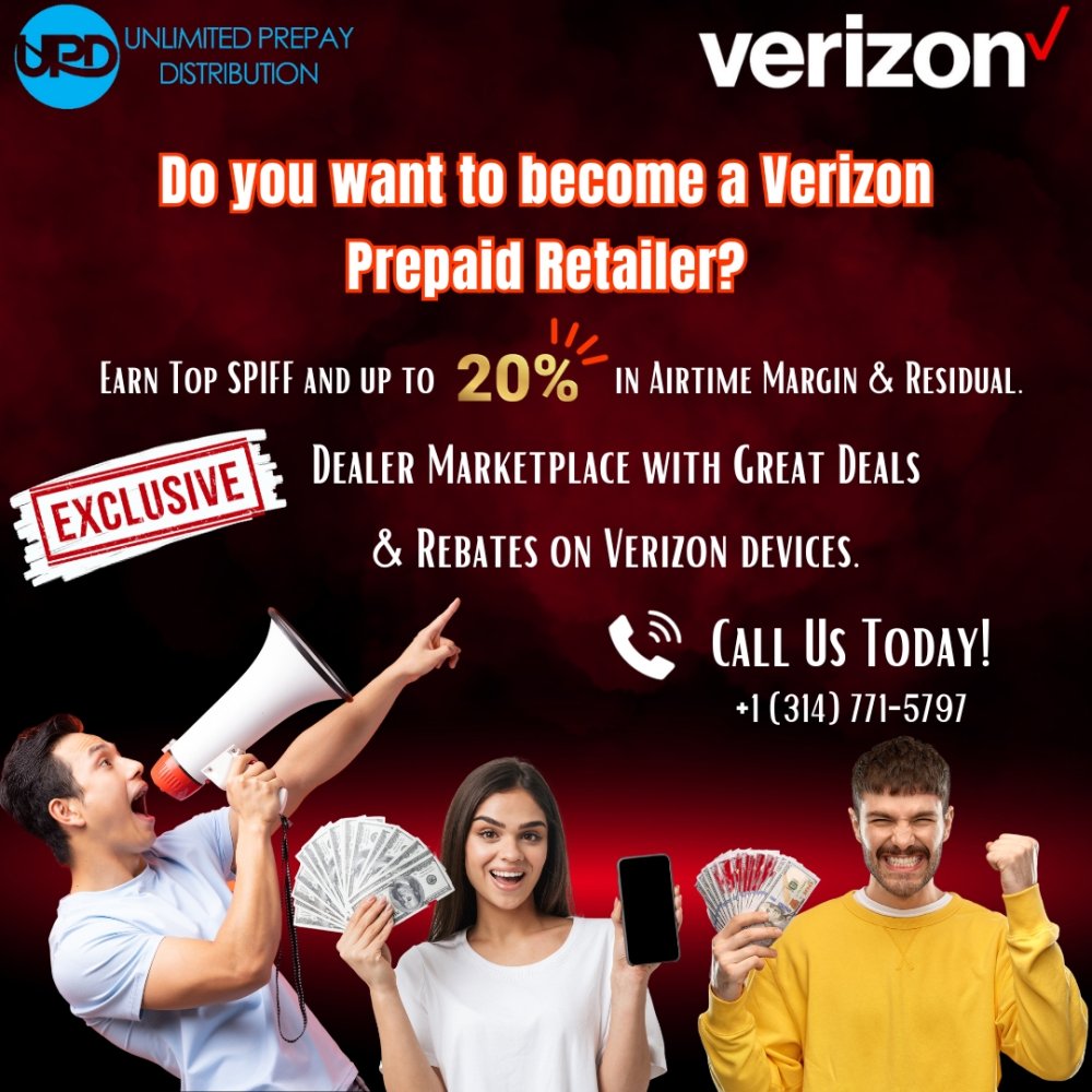 shopupd's tweet photo. Start earning more commission and become a Verizon prepaid retailer now!

For more information 📞(314) 771-5797

#unlimitedprepaydistribution #retailer #prepaid #family #business #verizonprepaid #verizon #mobileprepaid #unlimitedprepay #upd #winning #highercomission https://t.co/EonKph2yKj