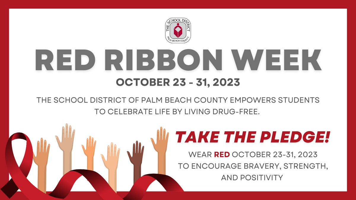 ❤️🎗️Students are taking the pledge to remain drug-free as we celebrate #RedRibbonWeek in the School District of Palm Beach County!

We empower students to celebrate life and be the best version of themselves by living drug-free. In every school, professionals are available to