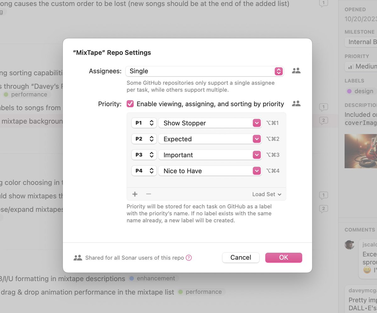 One feature I love is priority! You can integrate a custom priority system into your repo that flexibly interoperates with other users whether they're using Sonar or not 😁 (they see them as labels).