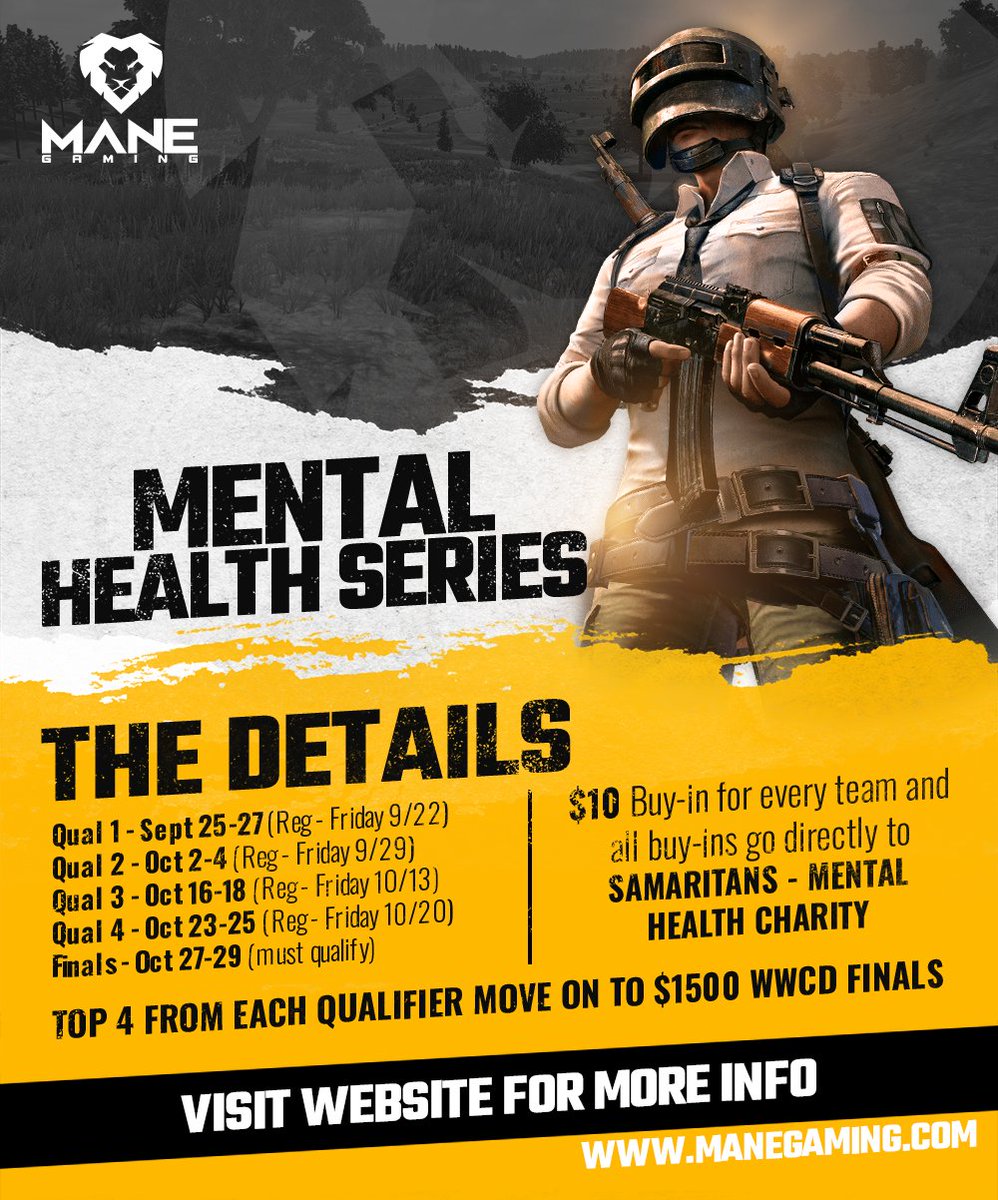 Qualifier #4 of the Mane Gaming Mental Health Series kicks off tonight!

Hosted by <a href="/st3nto/">Stento</a> &amp; JammiJams

$1500 WWCD Finals debut this Friday!

If you are going through a tough time, you are not alone - CALL 988 TO TALK <a href="/SamaritansHope/">Samaritans, Inc.</a>