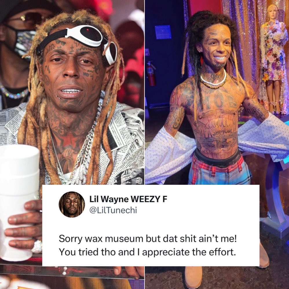 808andCarShakes's tweet photo. Lil Wayne reacts to his new wax figure from the Hollywood Wax Museum 👀 https://t.co/E18us0dA26