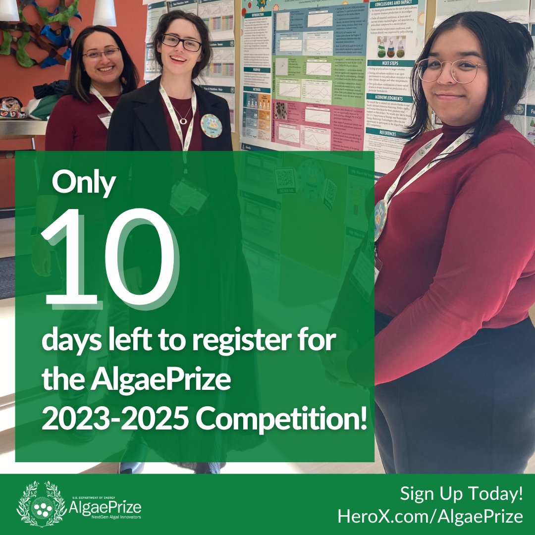 AlgaePrize's tweet photo. The deadline to compete in @AlgaePrize 2023-2025 is quickly approaching on Wednesday, November 1, 2023 at 12:00pm ET. Don't miss out on the chance to win up to $35,000 and gain experience with innovative algal commercialization technologies! Sign up now: https://t.co/kP3dWG5GKL https://t.co/mM02v61TvP
