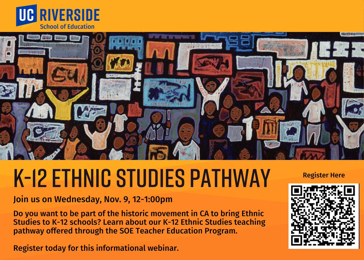 Interested in becoming a K-12 #EthnicStudies educator? Join us for an info session on our Ethnic Studies Pathway with Dr. @kohli_rita! Register here: bit.ly/3QtCc8c