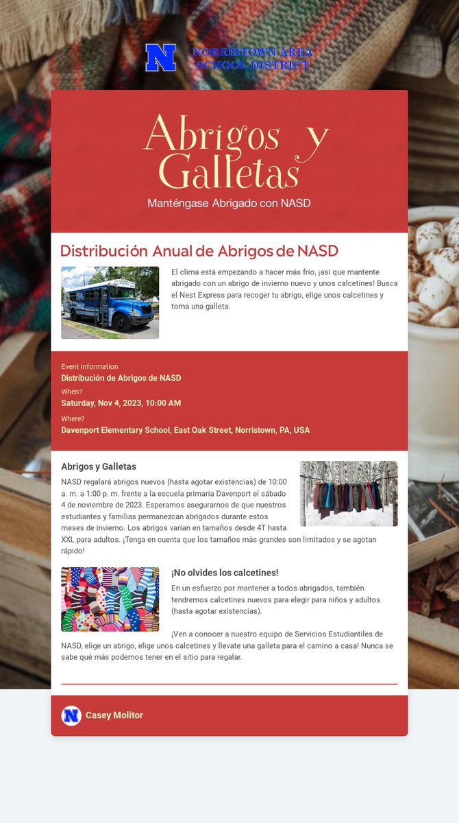 NASDStudentServ's tweet image. Want to stay warm this winter? NASD has you covered! Come to the NASD Coat Distribution on 11/4/23 from 10:00 AM - 1:00 PM while supplies last. Meet us at Davenport Elementary School for socks and cookies too! #NASD #NASDProud #wintercoats
