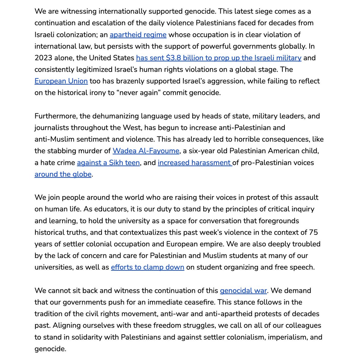 christopherrufo's tweet photo. NEW: 1,700 sociology professors sign a letter accusing Israel of "genocide" and arguing that Hamas terror must be "contextualize[d]" as a response to "75 years of settler colonial occupation and European empire."

Our professors are seething with hatred against the West. https://t.co/4lxaftaepz