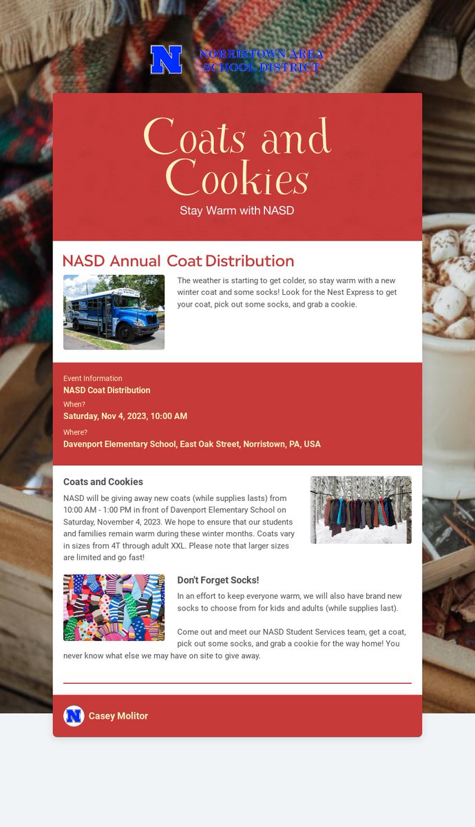 NASDStudentServ's tweet image. Want to stay warm this winter? NASD has you covered! Come to the NASD Coat Distribution on 11/4/23 from 10:00 AM - 1:00 PM while supplies last. Meet us at Davenport Elementary School for socks and cookies too! #NASD #NASDProud #wintercoats