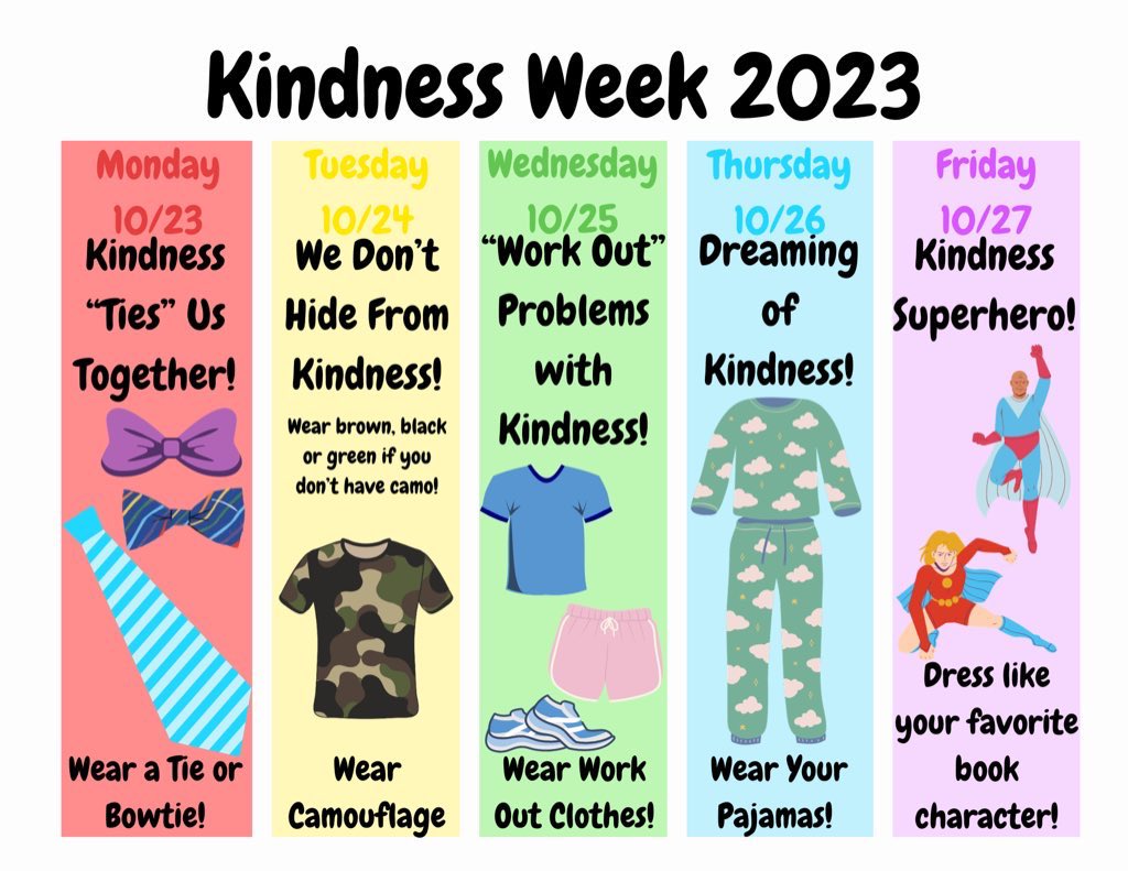 We continue Kindness Week tomorrow. Our Dress up theme is “We Don’t Hide from Kindness” so don’t forget to wear your camouflage gear! Of you don’t have camouflage feel free to wear black, brown, or green.