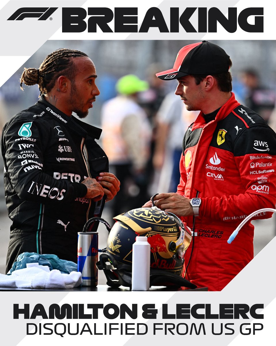 i_amLegion's tweet photo. @LewisHamilton and @Charles_Leclerc have been disqualified from the #USGP for a technical breach. Their cars were found to be non-compliant with the regulations governing the plank. Hamilton was in second place before his disqualification, and Leclerc was sixth. #plankgate https://t.co/zhCjNWainI