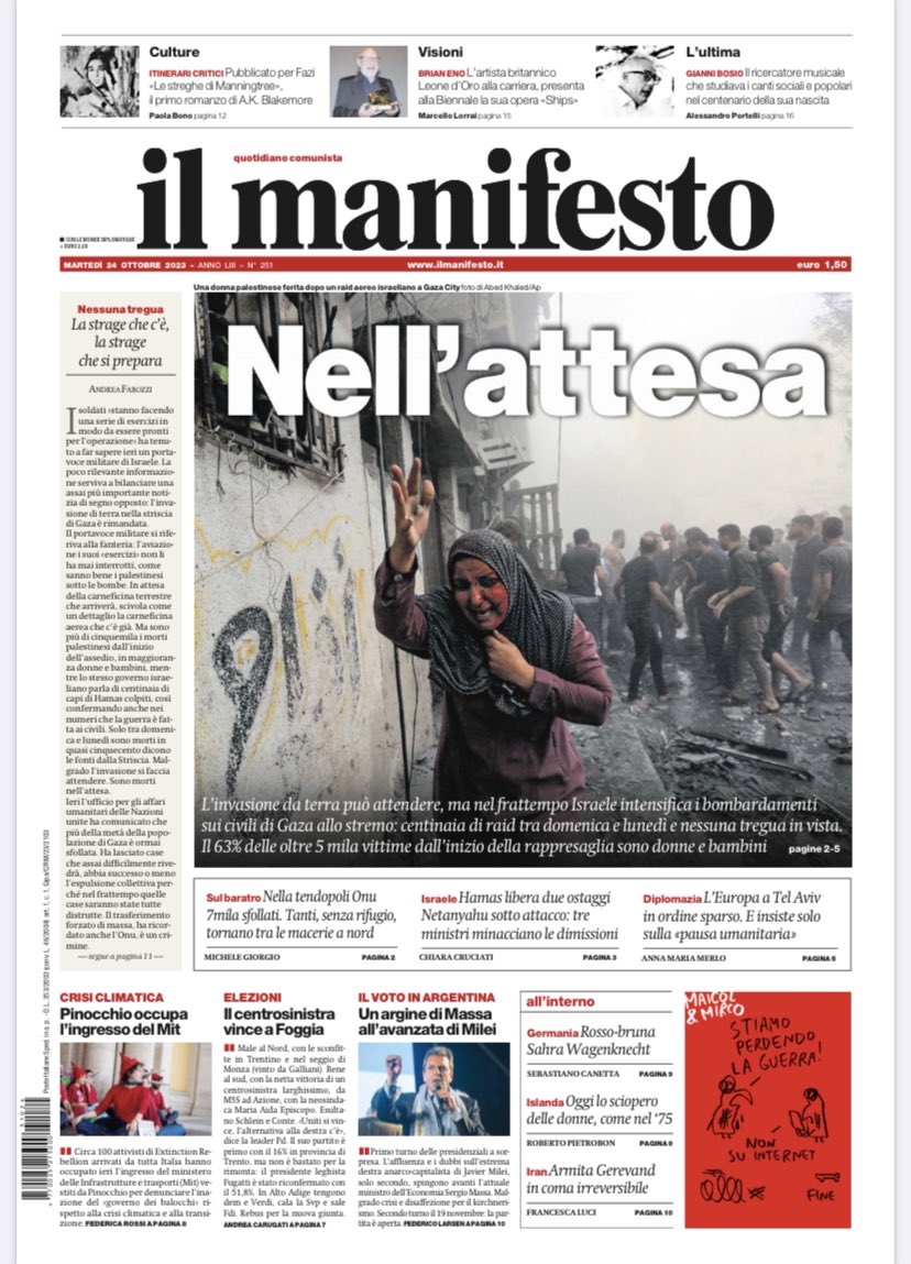 ilmanifesto's tweet photo. L’invasione da terra può attendere, ma nel frattempo Israele intensifica i bombardamenti sui civili di Gaza allo stremo: centinaia di raid tra domenica e lunedì e nessuna tregua in vista. Il 63% delle oltre 5 mila vittime dall’inizio della rappresaglia sono donne e bambini https://t.co/MsYmErknCU