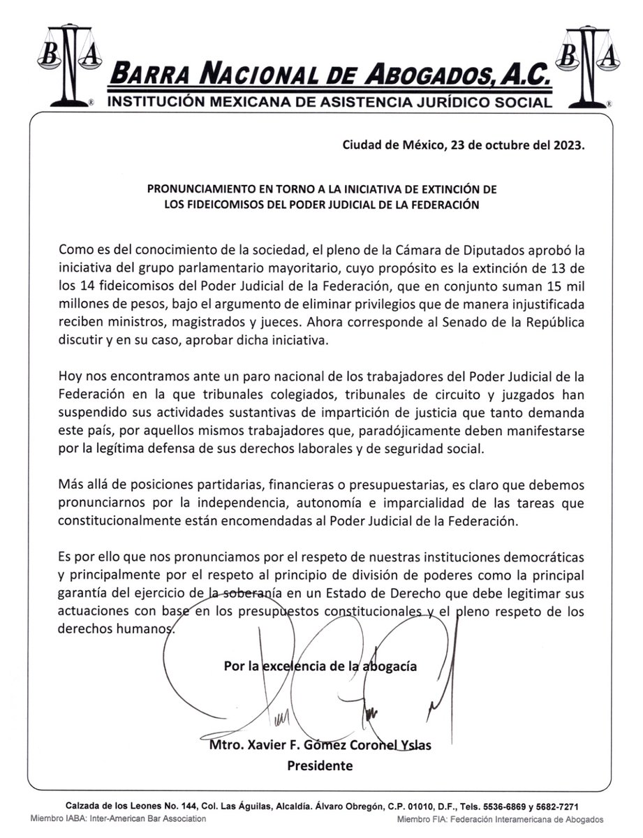 Pronunciamiento de la Barra Nacional de Abogados en torno a la iniciativa de extinción de los Fideicomisos del Poder Judicial de la Federación
#SomosBNA