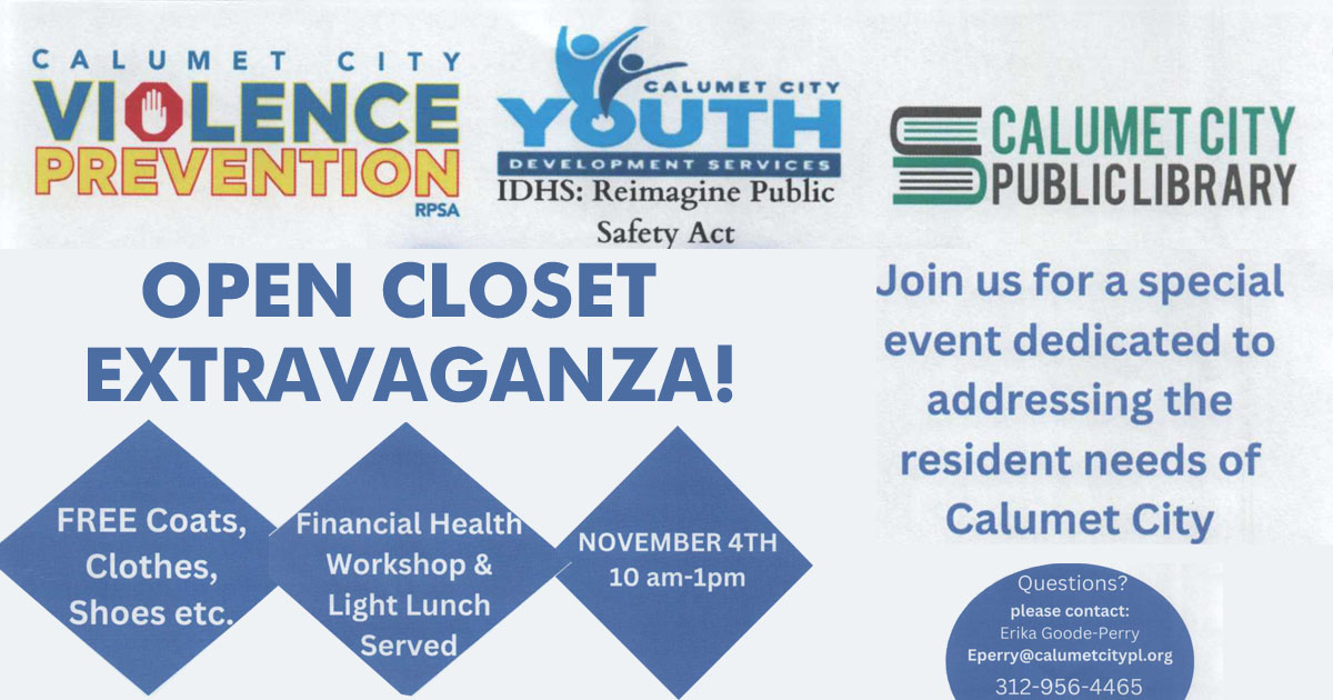 calcitypublib's tweet photo. Saturday November 4th from 10am to 1pm for this special event dedicated to addressing the needs of Calumet City residents in need! Light lunch will be served. Please contact Erika Goode-Perry at 312 956-4465 with any questions. https://t.co/o6dmF1QKRF