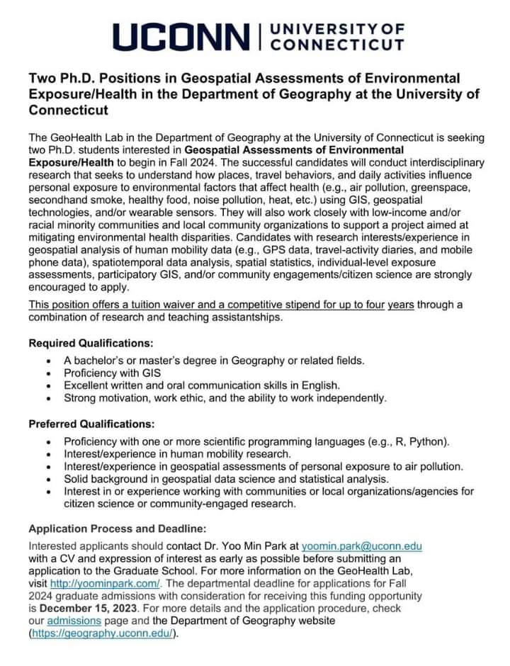 Calling all geospatial health detectives! 🌍🕵️‍♀️ Unravel the environmental factors affecting human health with a PhD at UConn.

Join the GeoHealth Lab to explore how places, travel, and daily activities influence personal exposure to environmental risks.

Tuition waiver, stipend,…