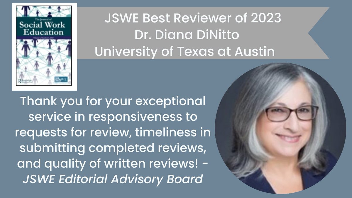 Congratulations  to Dr. Diana DiNitto for 
receiving the JSWE Best Reviewer Award! We are so grateful for your exceptional service to JSWE. @TexasSteveHicks <a href="/UTAustin/">UT Austin</a> <a href="/CSocialWorkEd/">CSWE</a> @DparrishParrish