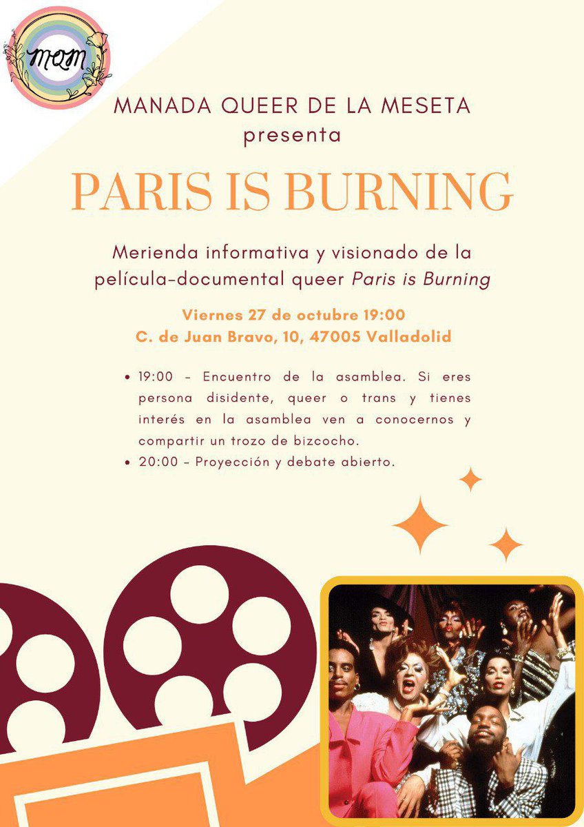 CNTValladolid's tweet photo. ***OCTUBRE TRANS | MQM***
🥧 Merienda informativa y proyección 📽️ película.
Este *viernes 27 de octubre* os esperamos a las 19:00h. en el local de cnt_valladolid, para merendar bizcocho 🥧 y a las 20:00h. veremos el documental 📽️ ***Paris is burning*** https://t.co/sdN0HlBxHY