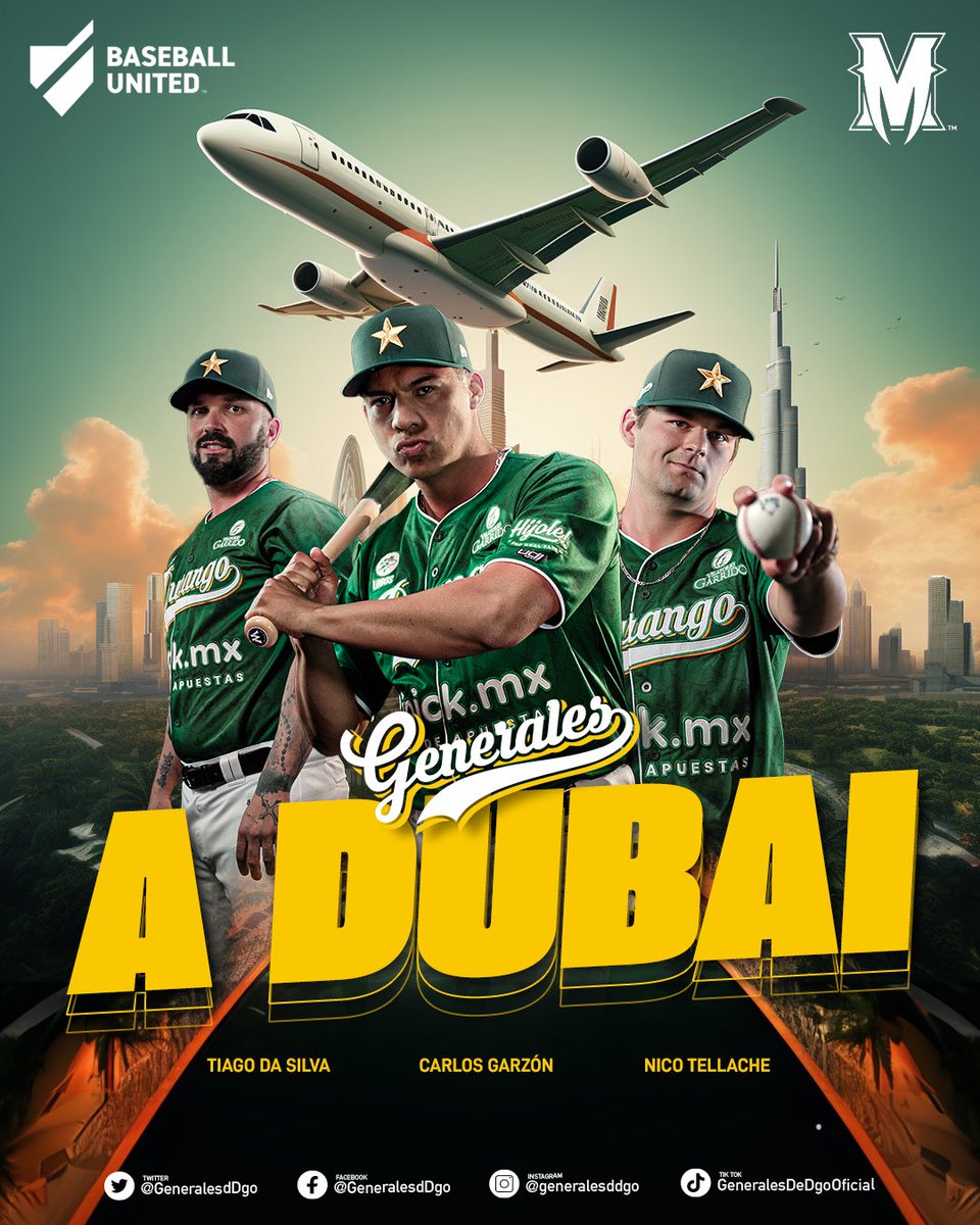 GeneralesdDgo's tweet photo. 🫡 ¡GENERALES A DUBAI! ✈️🇦🇪

Tiago Da Silva, Carlos Garzón y Nico Tellache son seleccionados por los @MumbaiCobras en la nueva Liga @BaseballUnited en Dubai. ⚾️

¡Éxito! 🙌🏻

#𝑺𝒊𝒆𝒎𝒑𝒓𝒆𝑫𝒖𝒓𝒂𝒏𝒈𝒐 https://t.co/vkRxGfXOGL