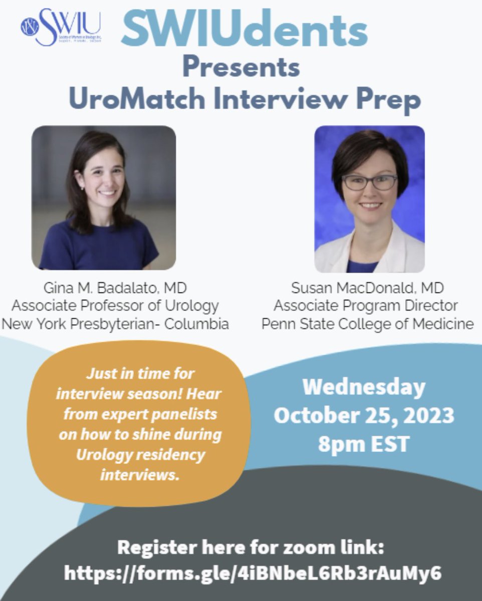 SWIU (@swiuorg) on Twitter photo 📢 Join #SWIUdents to prep for Uro Interview season!
🗓️October 25th, 2023 at 8pm EST. <a href="/GMBadalato/">Gina M. Badalato</a> <a href="/smacdonald_md/">Susan MacDonald, MD</a>
➡️Register here: forms.gle/1txD59NyNrJ7kd… for zoom link
<a href="/UroResidency/">UroResidency</a> <a href="/rfrankjones_uro/">R. Frank Jones Urological Society</a> <a href="/UroVersity_UM/">UroVersity</a> #UroSoMe 📢 Join #SWIUdents to prep for Uro Interview season!
🗓️October 25th, 2023 at 8pm EST. <a href="/GMBadalato/">Gina M. Badalato</a> <a href="/smacdonald_md/">Susan MacDonald, MD</a>
➡️Register here: forms.gle/1txD59NyNrJ7kd… for zoom link
<a href="/UroResidency/">UroResidency</a> <a href="/rfrankjones_uro/">R. Frank Jones Urological Society</a> <a href="/UroVersity_UM/">UroVersity</a> #UroSoMe