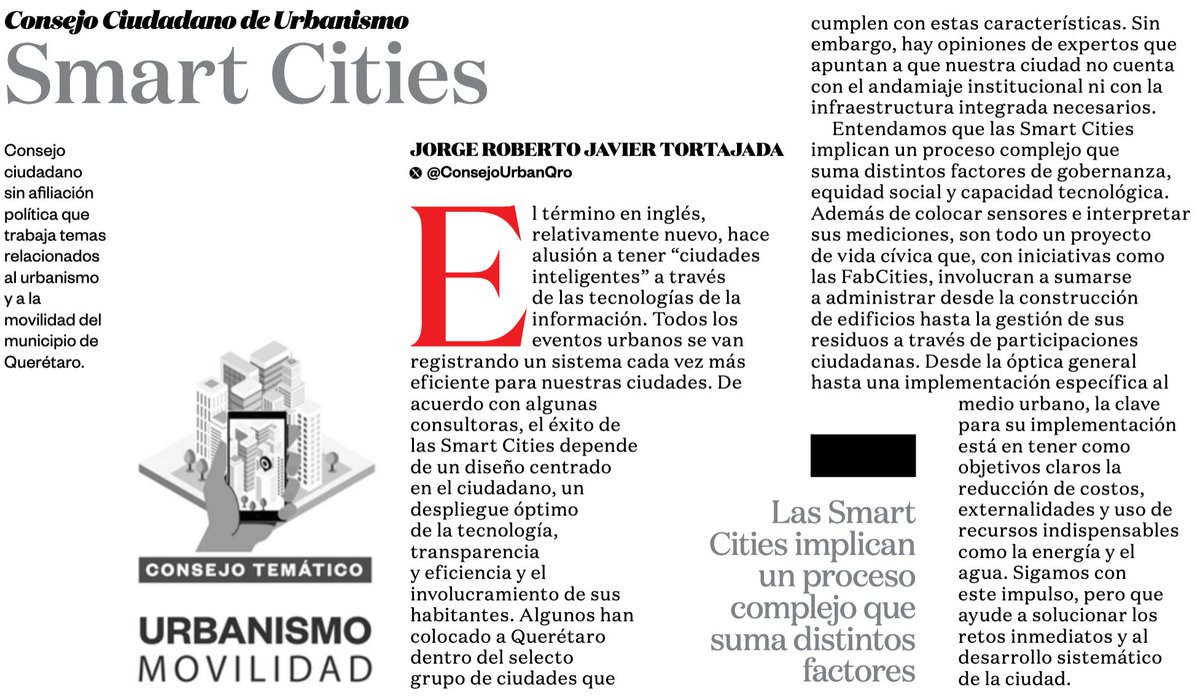 Tras la participación de <a href="/LuisBNava/">Luis Nava</a> en el Congreso de la <a href="/RedRECI/">Red Española de Ciudades Inteligentes</a>, el tema de "Smart Cities" vuelve a entrar en la conversación del desarrollo económico y urbano de #Querétaro.

Escribimos al respecto en nuestra columna de opinión del <a href="/ADQueretaro/">AD Querétaro</a> 👇

amqueretaro.com/opinion/2023/1…