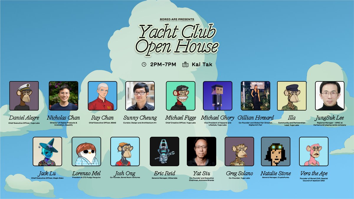 yugalabs's tweet photo. We’re pleased to announce our speaker lineup for the first-ever Yacht Club Open House. For more info and tickets, head over to https://t.co/AhK4s9QeuW https://t.co/2GQWeq8rwi