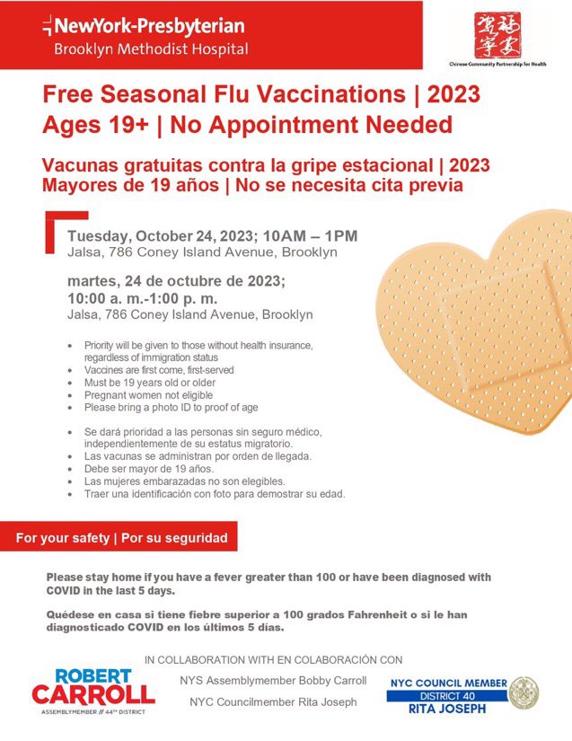 Tomorrow from 10am to 1pm my office along with <a href="/RitaJosephNYC/">Rita Joseph</a> and <a href="/nyphospital/">NewYork-Presbyterian</a> are providing free flu shots at Jalsa Restaurant - 786 Coney Island Avenue