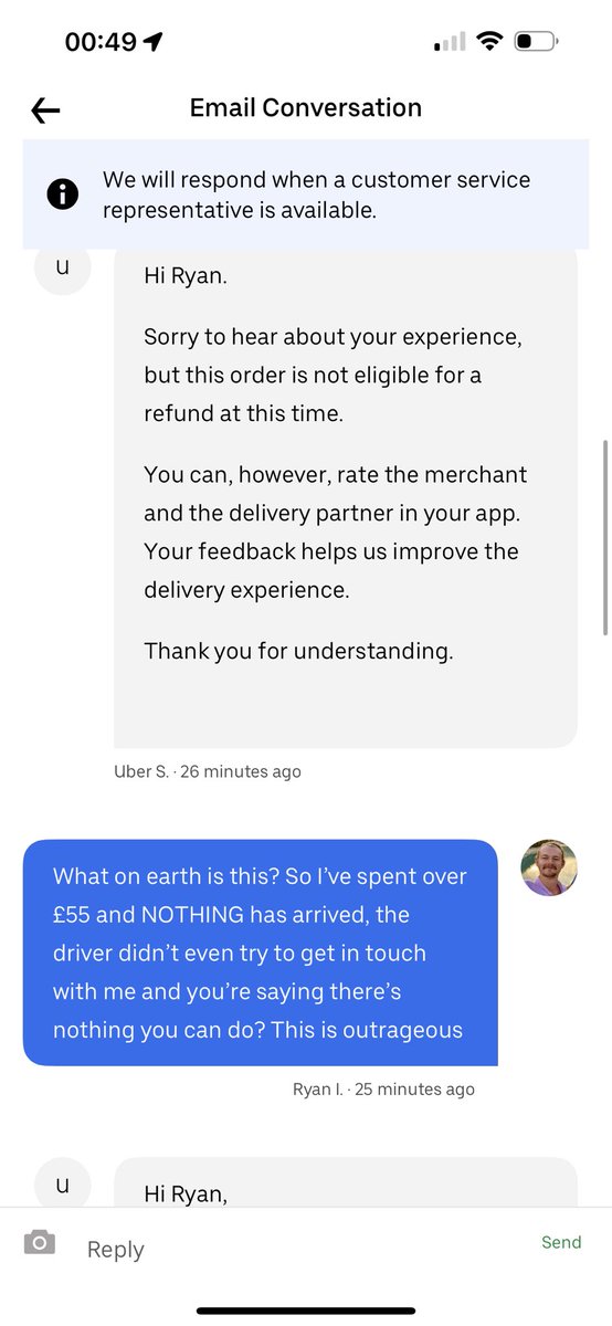 Bee_ry92's tweet photo. Hey @ubereats_uk this is quite possibly the worst customer service I have ever received. Order £55 worth of groceries today which never arrived. The driver never called me, and sent illegible texts. While I repeated told him where I was. To be told by your team ‘tough luck’. WTH? https://t.co/842URQexIC