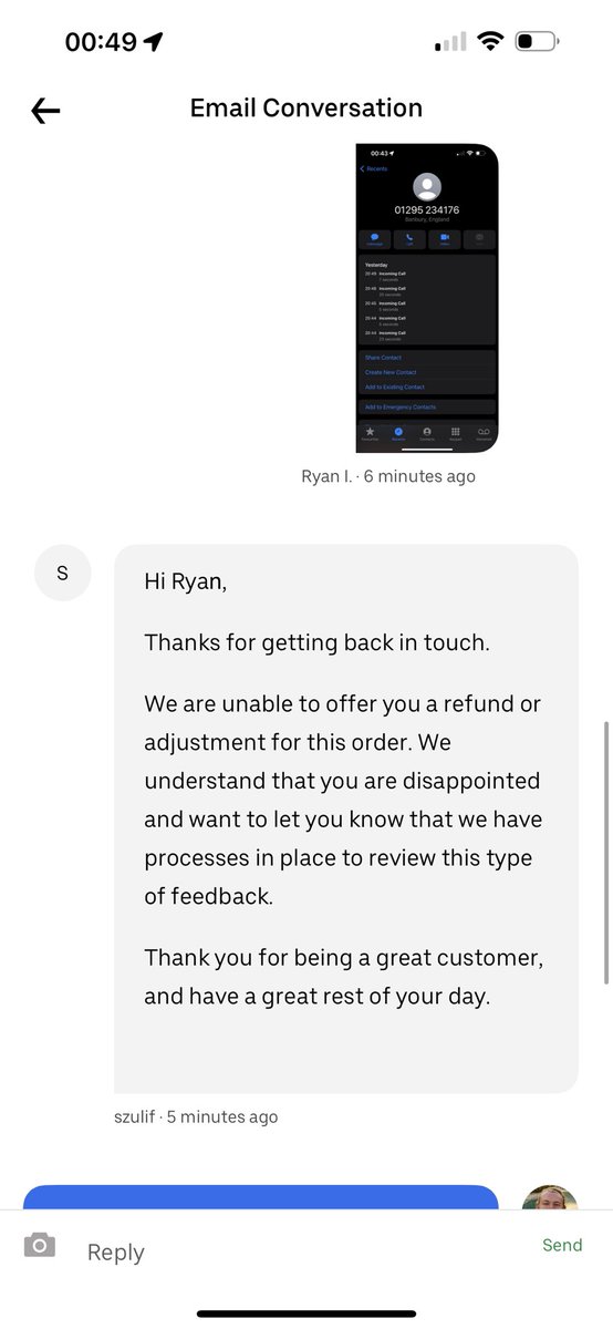 Bee_ry92's tweet photo. Hey @ubereats_uk this is quite possibly the worst customer service I have ever received. Order £55 worth of groceries today which never arrived. The driver never called me, and sent illegible texts. While I repeated told him where I was. To be told by your team ‘tough luck’. WTH? https://t.co/842URQexIC