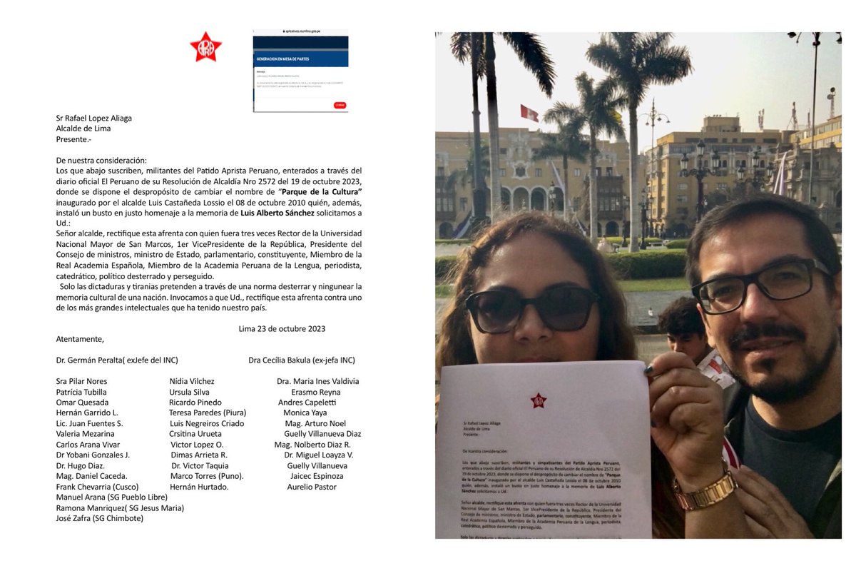 Hoy al mediodía hemos presentado, con la @LaTubilla y @ANDRESCAPELLETT una carta dirigida al a alcalde @rlopezaliaga1 ,firmada por militantes, para que rectifique la Resolución de Alcaldía Nro 2572. Corrija la afrenta Sr. Alcalde.