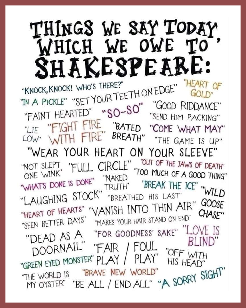 #POstables . . . Speaking of #POstaWordsPics -- Here's just a handful of everyday expressions that we owe to the Bard of Avon 📖🪶📖 .  .  .