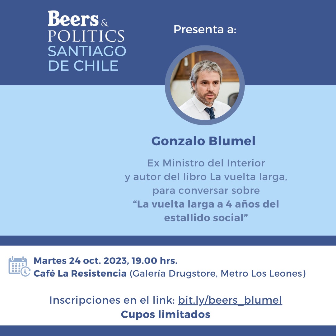 Mañana martes vuelven los Beers & Politics a Santiago! Y partiremos conversando con Gonzalo Blumel sobre su libro 'La vuelta larga'. Quieres participar? Inscríbete en bit.ly/beers_blumel (cupos limitados)