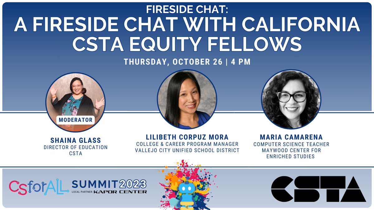 On Day Two of the 2023 #CSforALLSummit, join two @csteachersorg Equity Fellows for a very special fireside chat where they will discuss takeaways on creating spaces that foster belonging for racially/linguistically diverse learners, moderated by CSTA's Shaina Glass! ✨ #CSforALL