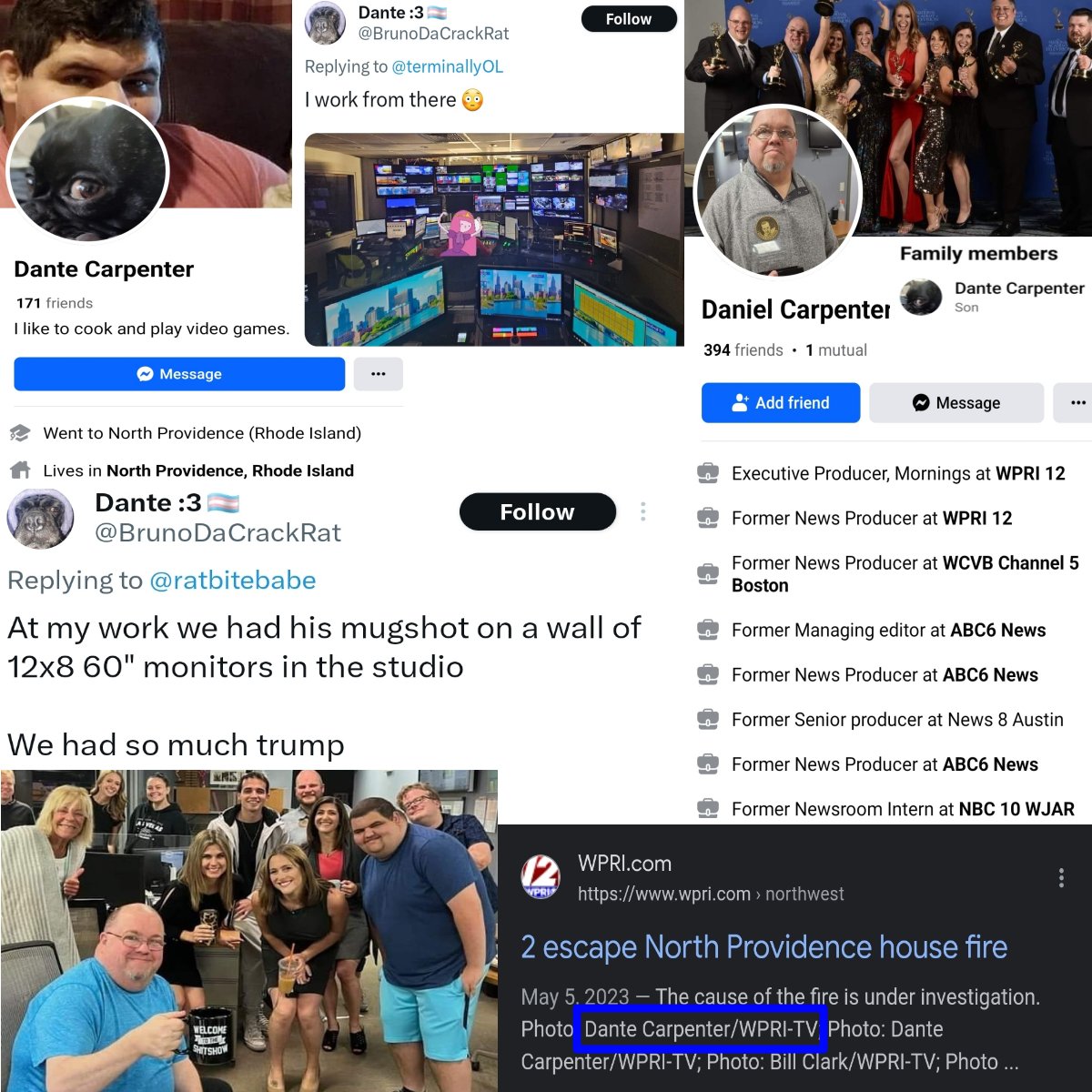 Nicoletta0602's tweet photo. These tweets are from Rhode Island local news station @wpri12's Dante Carpenter. His dad, Daniel Carpenter, is the executive producer at @wpri12. 

He glorifies terrorism and equates Jews to Hitler. 

Any comment @wpri12? 

Photo collage credit: @KaraKryptonite https://t.co/nBRZhhuEqe