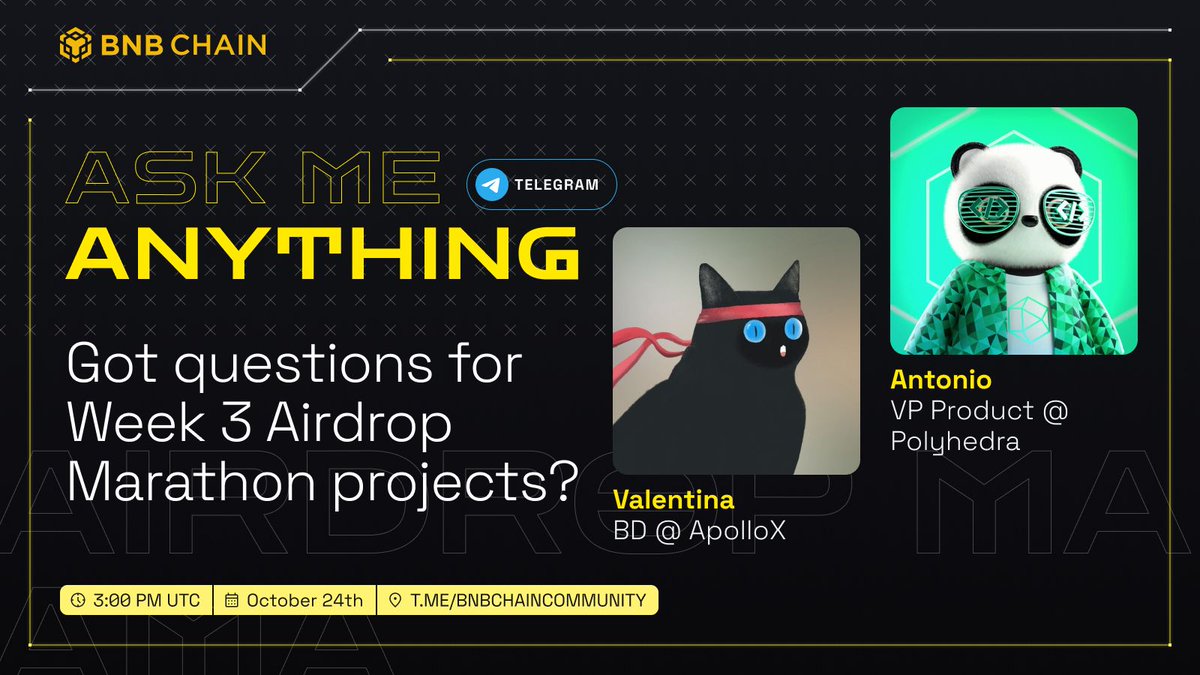 @PolyhedraZK @ApolloX_Finance Get to know this week's airdrop partners during our TG AMA! @PolyhedraZK @ApolloX_Finance are offering prizes for the most liked question: 🔸 Polyhedra will provide 10 Legendary Pandra Kings 🔸 ApolloX to contribute $50 APX 📌 t.me/bnbchaincommun… 📅 Tuesday, 3:00pm UTC