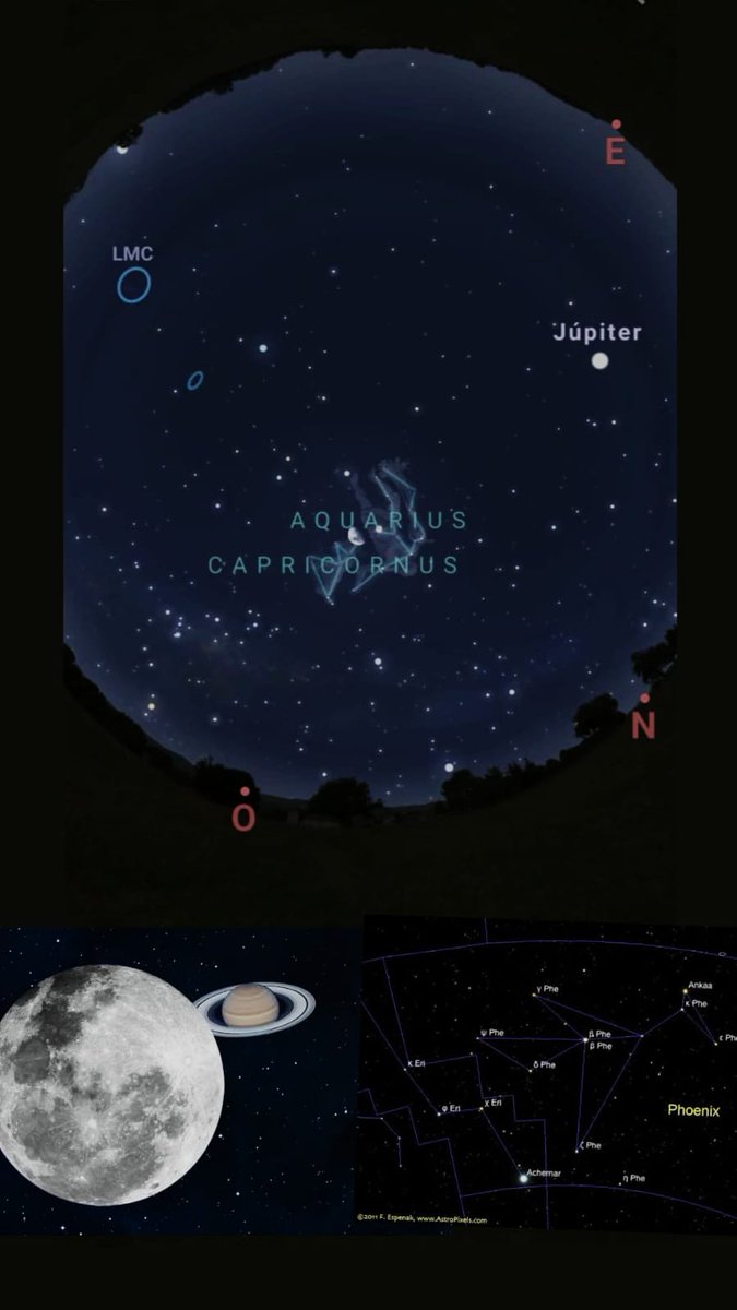 Grupo de astronomia da UFMG apresenta:
✨ Efemérides do dia 23/10/23 ✨

A Lua e Saturno estão em uma conjunção incrível próximo a constelação de Capricórnio e Aquários! Ankaa a estrela mais brilhante da constelação de Phoenix também está no céu!