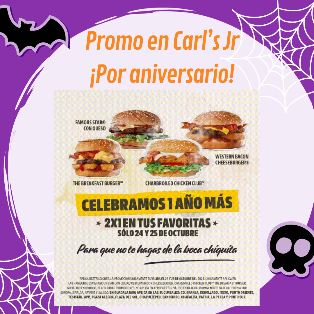 ofertonesmexa's tweet photo. Este 24 y 25 de octubre 2x1 en: Famous Star con queso, Western Bacon Cheeseburger, The Breakfast Burger, Charbroiled Chicken Club. Promoción válida en Baja California Norte, Baja California Sur, Sonora, Sinaloa, Nayarit y Jalisco
#carlsjr #hamburguesa #famousstar #burguer https://t.co/i2rjc23CiR