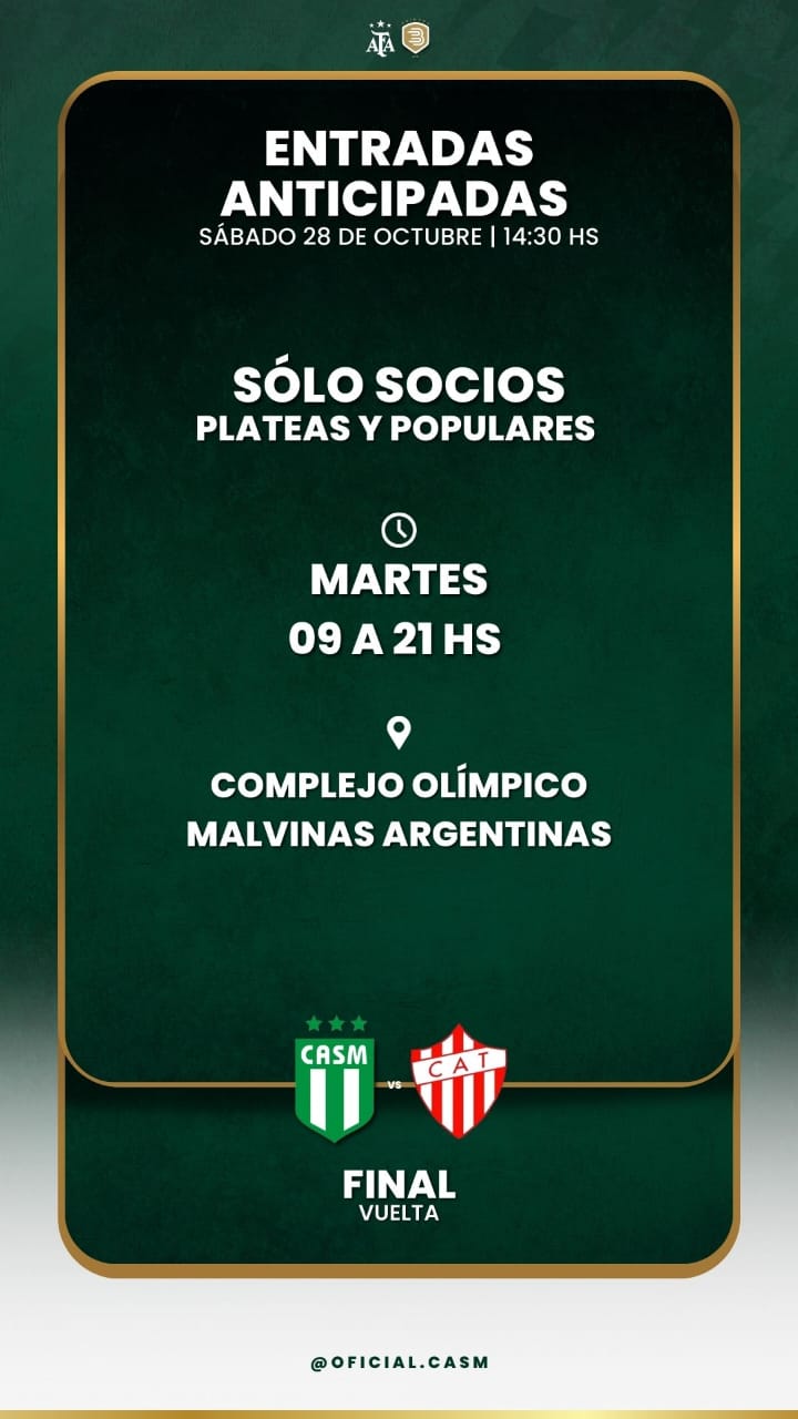 Club Atlético San Miguel on X: ¡La final en casa! Ampliamos los horarios  de venta de entradas Socios: Martes de 9 a 21 hs Platea:$5000 Popular: Se  retira la entrada con el